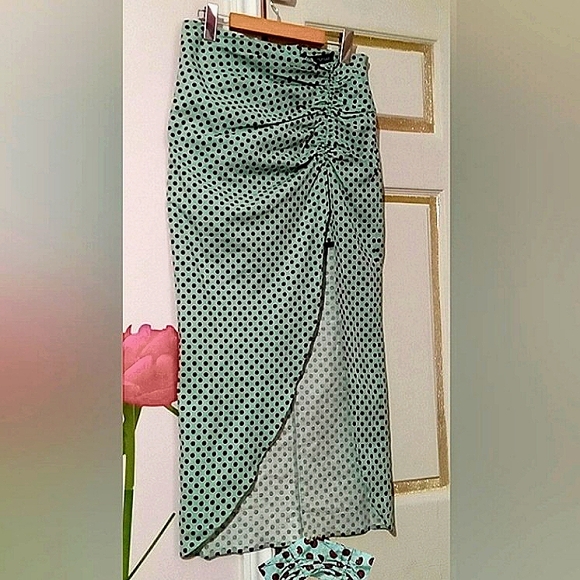 ZARA🐞Linen Ruched Mint Green Polka Dot Asymmetrical Maxi Pencil Skirt Sz:M - Picture 9 of 12